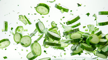 Slices of fresh juicy green cucumber fly through the air on a white background. Close-up of cucumber slices. The concept of motion and energy. An ingredient for salads. Food background. A natural productの素材