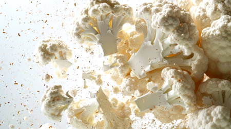 Cauliflower explosion. Cauliflower slices, close-up. Pieces of cauliflower are scattered in all directions. A natural vegan product. Healthy eating. Food background.の素材