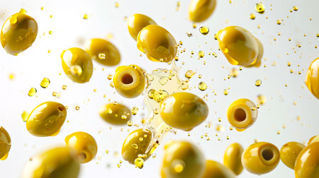 The concept of freshness and healthy nutrition. Delicious funny olives dance in drops of golden oil. A bunch of olives flies into the air, some of them are cut in different directions. The scene is dynamic and energetic.の素材