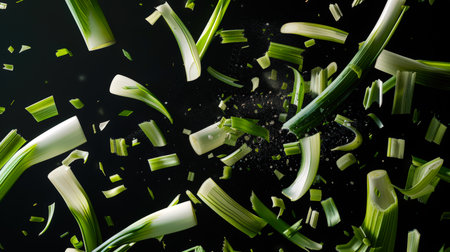 Pieces of leek float in the air on a black background. An explosion or a mix of leeks. Close-up of chopped green vegetables, including celery and onions. An image of chaos and destruction as vegetables twist and scatter in all directionsの素材