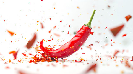 Close-up of red hot chili pepper. Explosion of red hot pepper. He is depicted in a bunch of red and orange pieces. A natural organic product. The image looks chaotic and messyの素材