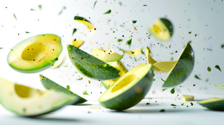 The halves of a delicious ripe avocado fall on the white table and scatter in different directions. Close-up of a green avocado. A natural product. Healthy eating. A vegan diet. The concept of motion and energyの素材