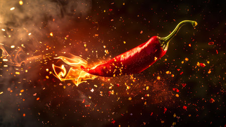 Red hot chili pepper on fire. A pod of fiery chili pepper floats in the air. Sparks fly in different directions. A natural product. The concept of chaos and destruction when pepper is consumed by fiery debrisの素材