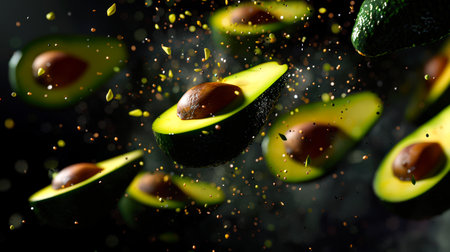 The concept of healthy eating. Close-up of several avocado halves floating in the air on a black background. A natural product. Avocados are in different stages of ripeness, some of them are already ripe, while others are not yetの素材