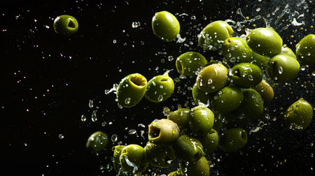 A natural organic product. A handful of green olives are mixed with drops of pure water in the air on a black background. The ingredient for the salad. There is an atmosphere of chaos and disorder in the picture. food backgroundの素材