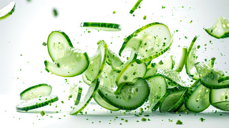 Close-up of cucumber slices falling on a white table. An ingredient for a summer salad. Food background. A natural organic product. Juicy fresh cucumber, cut into slices. The vegan dietの素材