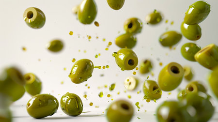 Green olives fall on the table. A bunch of green olives flies into the air. Olives are covered in oil and scattered throughout the image. A natural organic vegan product. food backgroundの素材