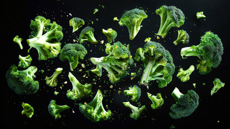 Close-up of several pieces of fresh green broccoli in the air on a black background. An ingredient for a vegan dish. A natural organic healthy product. Food background.の素材