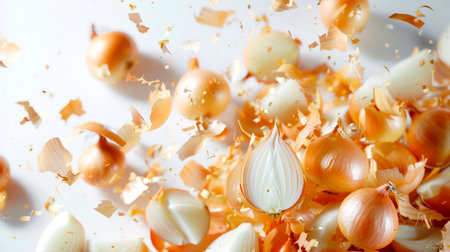 A spicy spice. Fragrant seasoning. Onion background. A pile of chopped onions and onion husks. A natural organic product. The bow is scattered all over the image. There is chaos in the frame. Food background.の素材