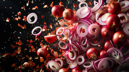 A bunch of red onion rings are floating in the air on a black background. Onion explosion. Onion mix. The bulbs are scattered all over the image, some of them are cut in half. The scene is chaotic and messyの素材