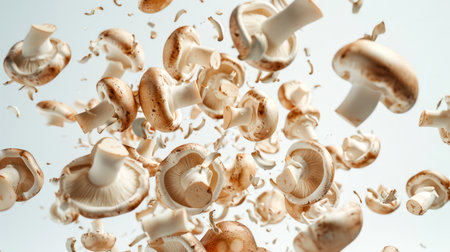 A handful of champignons hovered in the air. Mushrooms and their pieces fly through the air on a white background. Mushrooms of various sizes and shapes are scattered throughout the image. The scene is chaotic and disordered.の素材
