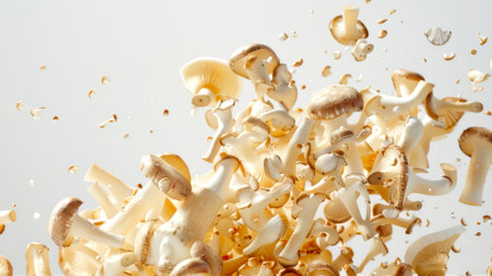 Mushroom explosion on a white background. A large bunch of fresh champignons flies into the air. An ingredient of a vegan dish. The concept of healthy eating. Food background. A natural product.の素材
