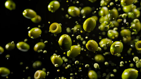 A handful of green olives are flying through the air. There is chaos and movement in the picture as the olives scatter in different directions. A natural organic healthy product. Ingredients for salads. food backgroundの素材