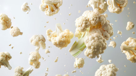 Pieces of cauliflower fly into the air. A delicious and healthy vegan dish. A natural organic product. Cauliflower slices are scattered in different directions. The scene is full of confusion and confusionの素材