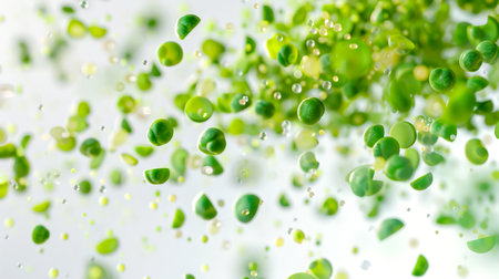 A bunch of green peas falls into the salad. A handful of green peas on a white background hovers in the air. A natural product. Food background. The image turns out to be light and airy, it seems that the peas are scattered and floating around.の素材
