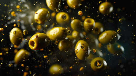 A natural organic product. A bunch of olives is depicted in the air. Green olives are scattered all over the black background, some of them are larger, others are smaller. The scene is chaotic and disorganizedの素材