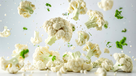 A few pieces of cauliflower float in the air and fall on the white table. A vegan diet. An organic product. The concept of chaos and movement, when pieces of cauliflower fly in different directions. food backgroundの素材