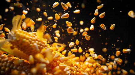 An explosion of corn on a black background. A bunch of golden delicious corn kernels are flying through the air. The corn is yellow and scattered all over the background. A natural product. An ingredient for any dish. food backgroundの素材