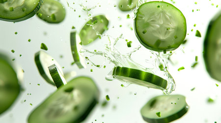 Round slices of fresh green cucumber dance in the air with drops of water. Cucumber mix. A healthy vegetable. A natural organic product. Food background. Cucumbers are sliced and float in the air, creating a feeling of movement and energyの素材