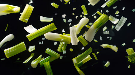 Pieces of leek float in the air on a black background. Close-up of chopped celery. Celery and onion mix in the air, creating a feeling of movement and energy. The image conveys a feeling of freshness and vitalityの素材