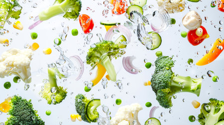 There are many pieces of vegetables floating in the air in drops of water, including broccoli, cauliflower, tomatoes, cucumbers, corn and onions. A feeling of freshness and abundance. A natural productの素材