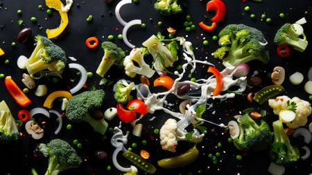 The most delicious dish of fresh juicy healthy vegetables, poured with white sauce on a black background. The vegetables include pieces of broccoli, onions, peas, cauliflower, carrots and peppers. Natural productsの素材
