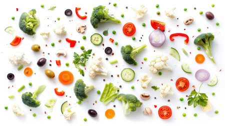 Ingredients for a vegan lunch. A colorful assortment of fresh vegetables are scattered on the white table. The concept of abundance and diversity, demonstrating a healthy eating option. Natural productsの素材