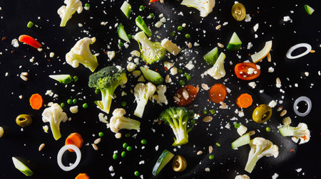 An explosion of vegetables on a black background. Pieces of healthy vegetables are scattered all over the background. The concept of abundance and diversity with an emphasis on the freshness and natural beauty of vegetables.の素材