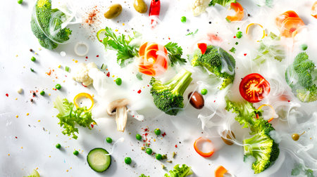 A vegan diet. The concept of healthy eating. Food background. Pieces and slices of vegetables are scattered on a white table in a white mystical smoke. The concept of abundance and diversity. Natural organic productsの素材