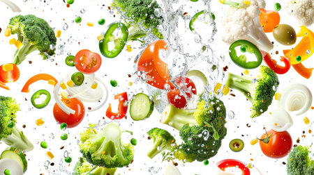 A mix of vegetable pieces in clean cold water. An assortment of fresh juicy healthy vegetables dances in drops of water on a white background. A vegan set of products. Food background. A bright salad with lots of vegetables and drops of water.の素材