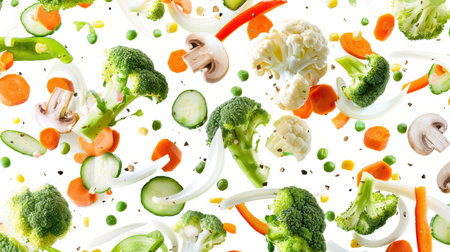 Fresh juicy vegetables float in the air on a white background. Assorted healthy ingredients for vegan stew. Healthy eating. Natural organic products. The concept of abundance and freshness. The vegan dietの素材