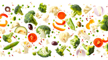 A group of sliced vegetables floats in the air on a white background. A colorful assortment of vegetables are scattered throughout the background, including broccoli, carrots, olives, green peas, onions, cauliflower and tomatoesの素材