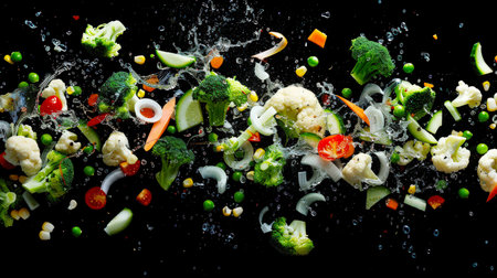 Close-up of sliced vegetables in drops of water on a black background. Vegetables include broccoli, carrots, cauliflower, onions and peas. The water gives the image a sense of movement and freshness. The concept of healthy eating. Vegetable mixtureの素材