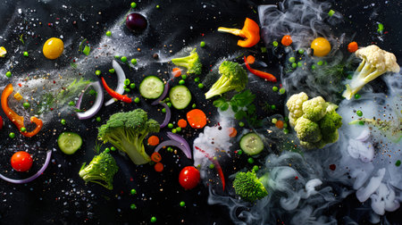 Pieces of natural organic vegetables are scattered all over the black table and shrouded in mystical white smoke. Ingredients for a vegan dish. Tomatoes, broccoli, onion and cucumber.の素材