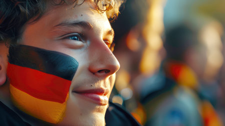 A young man with a German flag painted on his face is smiling. He is surrounded by other people, some of whom are also wearing flags. Scene is joyful and celebratoryの素材