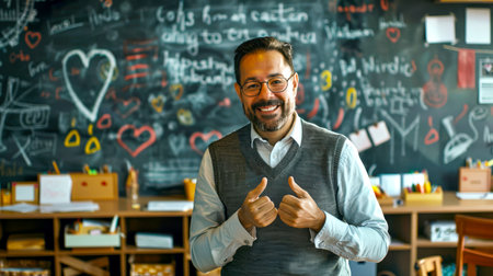 A candid portrait of a school teacher in the classroom at the blackboard. A confident man with glasses smiles and gives a thumbs up in recognition and love. Back to schoolの素材