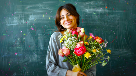 Portrait of a happy young teacher with flowers. Teacher's Day holiday. A woman holds a bouquet of flowers in her hands and smiles. She is standing in front of the blackboard. Back to schoolの素材
