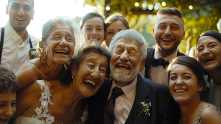 Wedding. A very large family of several generations gathered for a common holiday. A group of people pose for a shared photo. The man is wearing a suit and tie, and the woman is wearing a wedding dress. The scene looks happy and festiveの素材