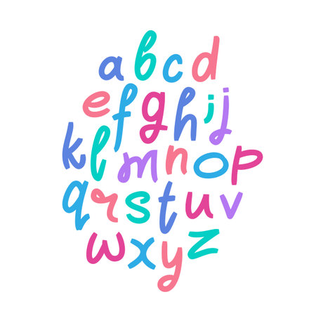 Colored lowercase Latin letters written with a marker on a white background. Vector alphabet. Fashionable font. Funny abc. Lettering, a hand-drawn font.のイラスト素材