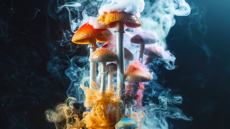 A dangerous natural drug. A group of mushrooms is surrounded by smoke, creating a surreal and fabulous atmosphere. The smoke seems to come from the mushrooms themselves, as if they are exhaling fire.の素材