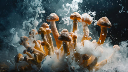 A bunch of psilocybin mushrooms floats in a cloud of thick white mystical smoke on a black background. The white billowing smoke creates a feeling of mystery and intrigue. A dangerous drug. Shamanismの素材