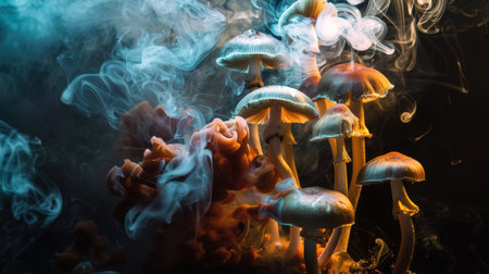 A bunch of mushrooms is shrouded in smoke. Thick and dark smoke creates an atmosphere of mystery and intrigue. Toadstools and hallucinogenic mushrooms in mystical smoke. A dangerous drugの素材