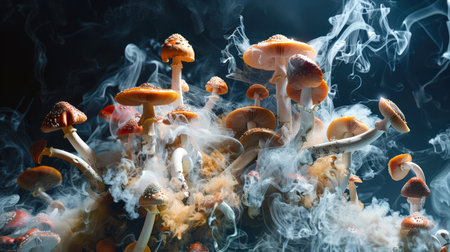 A hummock with toadstools from which mysterious smoke emanates. Witchcraft ingredients for a magic potion. Hallucinogenic psilocybin mushrooms in white smoke in a dense dark dense forest, close-up. Eerie atmosphereの素材