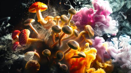 Dangerous narcotic mushrooms grow out of colored mystical thick stylish smoke on a black background. Shamanic trip. Psychotropic effects on humans. A bunch of toadstools hovers in the air. Euphoriaの素材