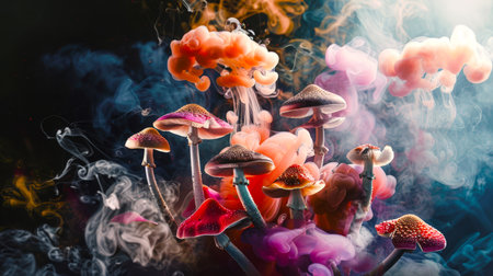 Shamanism and euphoria. A multicolored cloud with smoke and several dangerous mushrooms. Hallucinogenic mushrooms grow out of thick colored smoke. A drug trip. Psilocybin fumes.の素材