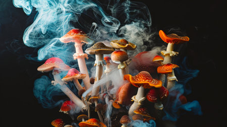 A bunch of fly agaric is surrounded by mysterious smoke. Thick blue-white smoke comes from a clearing with hallucinogenic mushrooms. The image creates a dark and eerie mood. A narcotic trip. A natural productの素材