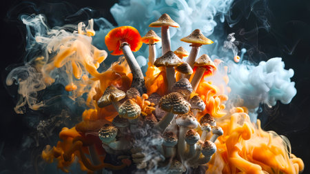 A large bunch of dangerous poisonous mushrooms floats in a cloud of thick colored smoke. The smoke is orange-white, and the mushrooms are hallucinogenic. The image has a dreamy, surreal tone. Narcotic substance.の素材