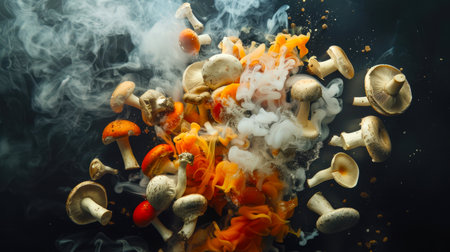 Hallucinogenic toadstools fly into the air in orange and white smoke on a black background. Psilocybin mushrooms are floating in the air. Narcotic shamanism. Psychedelic background. Poisoning by unknown mushroomsの素材