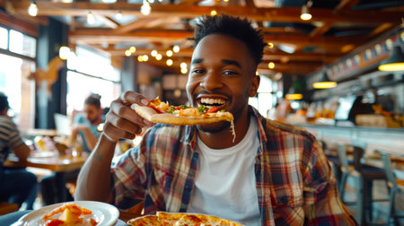 A cheerful black guy is sitting in a cafe and eating slices of pizza. A man is having pizza at a restaurant. He smiles and enjoys his meal. Pizza day. Italian cuisineの素材