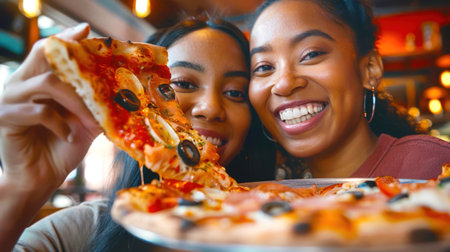 Two swarthy cheerful women are smiling and eating a piece of delicious hot pizza in a cafe. The pizza is covered with olives, cheese, tomato sauce and onions. Italian foodの素材